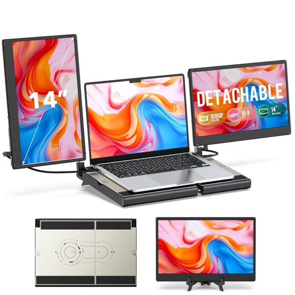 14" FHD 1080P Laptop Monitor Extender - Stretchable Base & Detachable Screen, Plug & Play, Triple Screen Compatible with Windows, Mac, Chrome