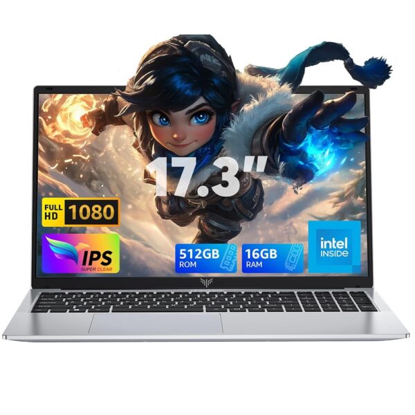 2024 Laptop,17.3-Inch FHD Display Laptop Computer with Quad Core-12th Alder Lake N97(Up to 3.6GHz), 16GB RAM 512GB ROM Traditional Laptop Computer, 6000Mah Battery,Silver