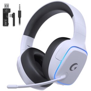 2.4GHz Wireless Gaming Headsets for PS5, PS4, PC, Switch - Bluetooth 5.3 Gaming Headphones with Noise Canceling Mic, 7.1 Surround Sound, 70H Battery, Gaming Lighting - White