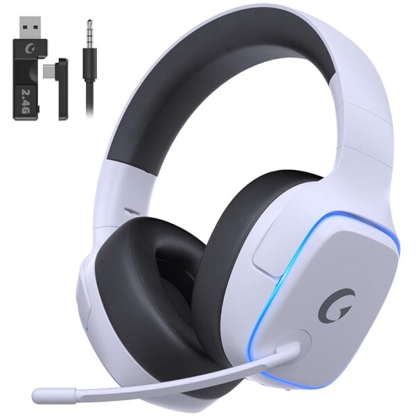 2.4GHz Wireless Gaming Headsets for PS5, PS4, PC, Switch - Bluetooth 5.3 Gaming Headphones with Noise Canceling Mic, 7.1 Surround Sound, 70H Battery, Gaming Lighting - White
