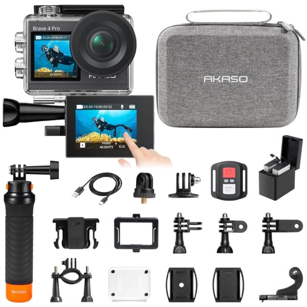 AKASO Brave 4 Pro Action Camera with Waterproof Floating Hand Grip Bundle - 4K30 20MP Ultra Hd EIS 131ft Underwater Camera 5xZoom Touch Screen WiFi Remote Control with Helmet...