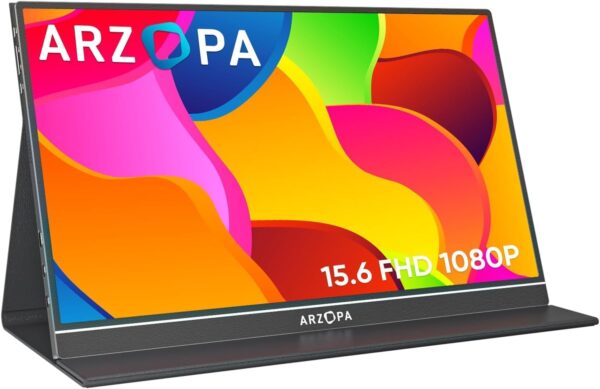 ARZOPA Portable Monitor, 15.6'' 1080P FHD Laptop Monitor USB C HDMI Computer Display HDR Eye Care External Screen w/Smart Cover for Mac Phone Xbox Switch PS5-S1 Table
