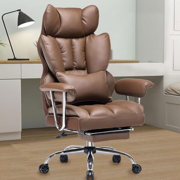 Efomao Desk Office Chair 400LBS, Big and Tall Office Chair, PU Leather Computer Chair, Executive Office Chair with Leg Rest and Lumbar Support,Brown Office Chair