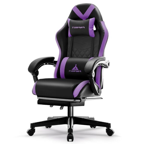 Gaming Chair,Ergonomic Massage Computer Office Desk Chair with Footrest,Pocket Spring Cushion,Reclining Leather Adjustable Gamer Chair with Headrest and Lumbar Support,Purple