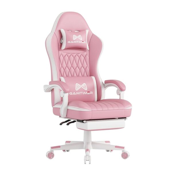 Gaming Chair with Footrest,Ergonomic Computer Chair with Lumbar Support,with 4D Foam Sports Seat Cushion, Breathable Leather Material,Height Adjustable Adult Office Chair（Pink