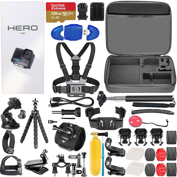 GoPro Hero Compact Waterproof Action Camera with 4K, 12MP Photos, Stabilization + 128GB Card, Card Reader, 50 Piece Accessory Kit - Bundle
