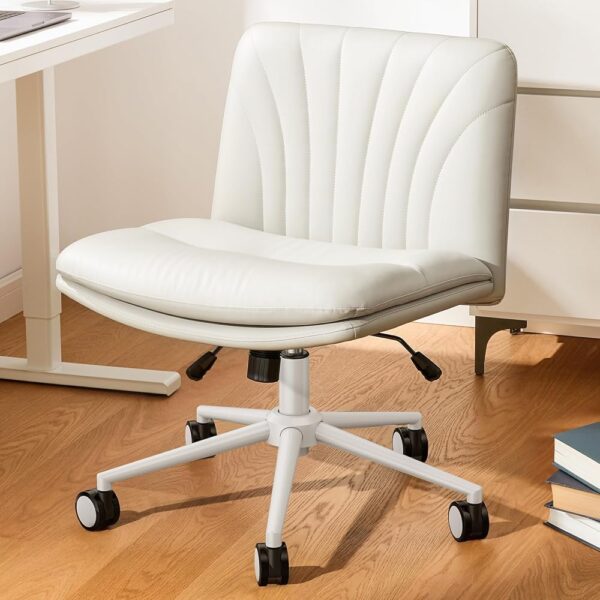 Marsail Armless-Office Desk Chair with Wheels: PU Leather Cross Legged Wide Chair,Comfortable Adjustable Swivel Computer Task Chairs for Home,Office,Make Up,Small Space,Bed...