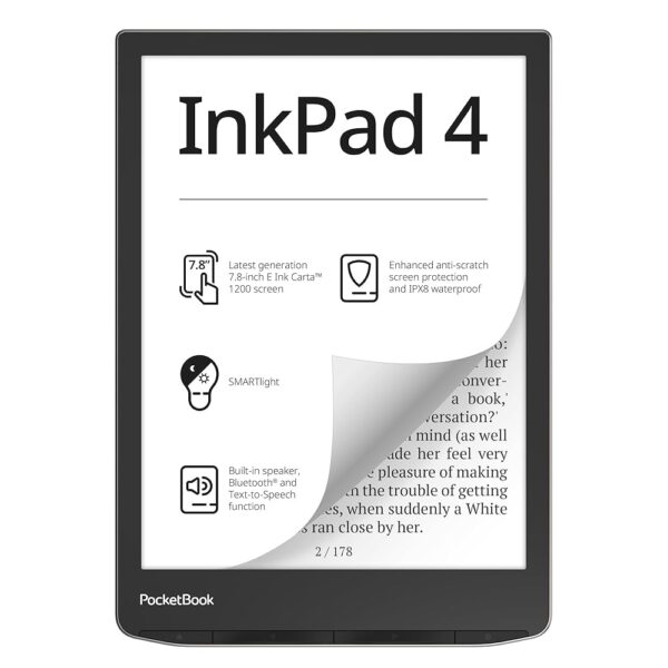 PocketBook InkPad 4 | Eye-Friendly Audio & E-Book Reader | Large 7.8ʺ E-Ink Display | Anti-Scratch Protection | Text-to-Speech Function | Bluetooth® | Built-in Speaker |...